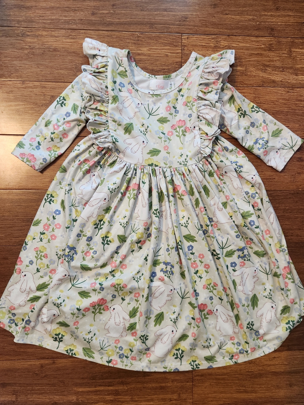 Mila & Rose Girl's Floral Bunny Ruffle Twirl 3/4 Sleeve Easter Dress, Size 5-6